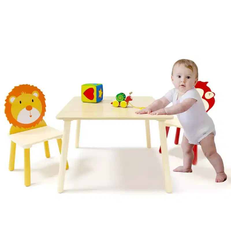 JVNOXK-Set Tavolo e 2 Sedie per Bambini, Set Tavolo e Sedia per Bambini Piccoli a 3 Pezzi, Set Tavolo da Gioco in Legno (Leone e Scimmia)