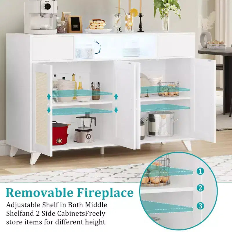 4 ante e 2 cassetti, mobile buffet in rattan con presa di corrente, per cucina, sala da pranzo, colore legno