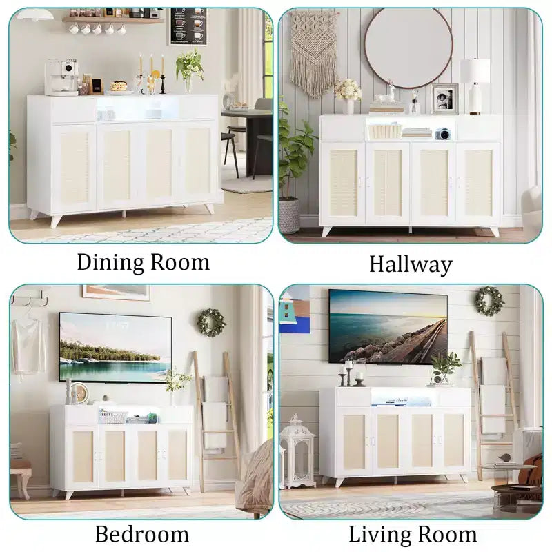 4 ante e 2 cassetti, mobile buffet in rattan con presa di corrente, per cucina, sala da pranzo, colore legno