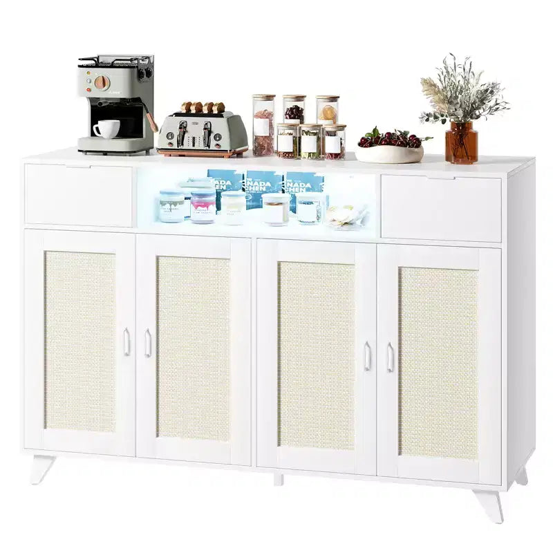 4 ante e 2 cassetti, mobile buffet in rattan con presa di corrente, per cucina, sala da pranzo, colore legno