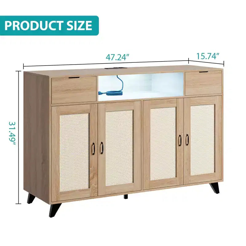 4 ante e 2 cassetti, mobile buffet in rattan con presa di corrente, per cucina, sala da pranzo, colore legno