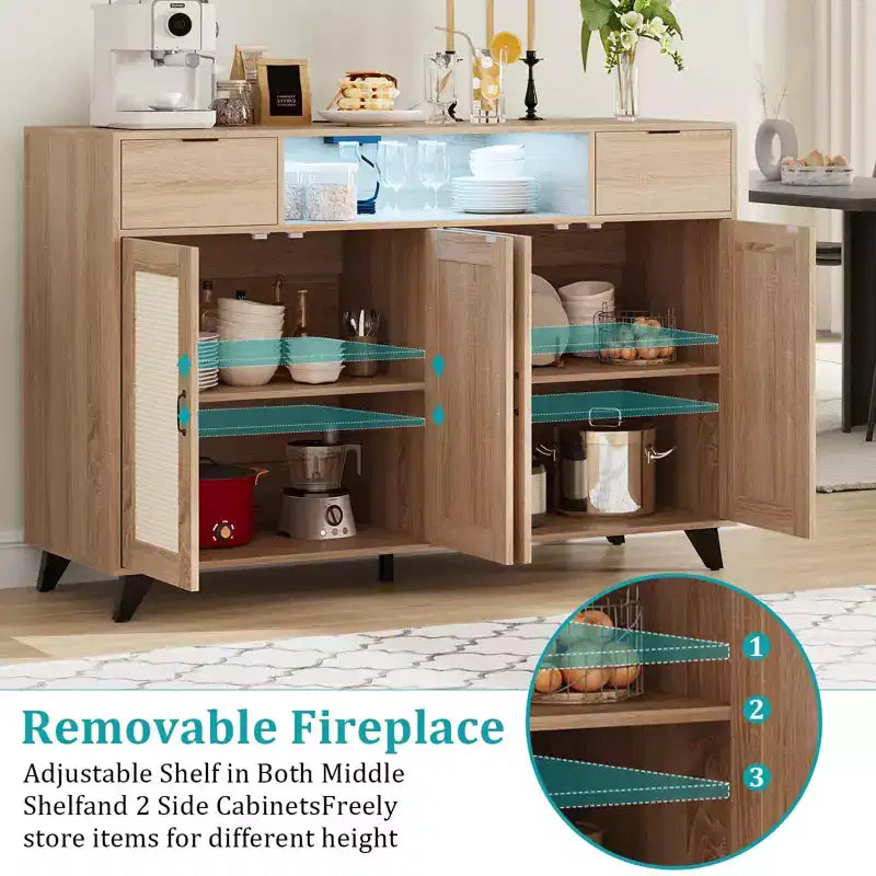 4 ante e 2 cassetti, mobile buffet in rattan con presa di corrente, per cucina, sala da pranzo, colore legno