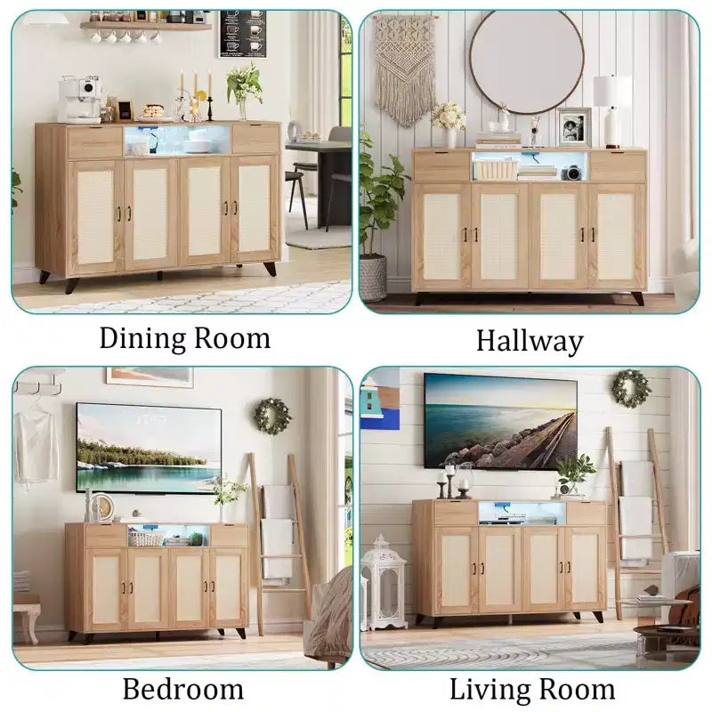 4 ante e 2 cassetti, mobile buffet in rattan con presa di corrente, per cucina, sala da pranzo, colore legno