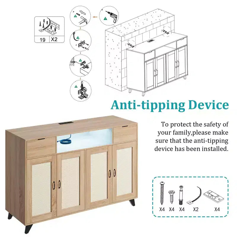 4 ante e 2 cassetti, mobile buffet in rattan con presa di corrente, per cucina, sala da pranzo, colore legno