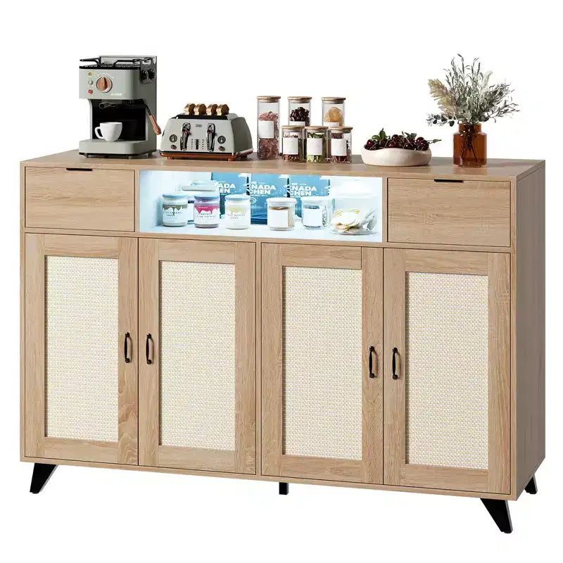 4 ante e 2 cassetti, mobile buffet in rattan con presa di corrente, per cucina, sala da pranzo, colore legno
