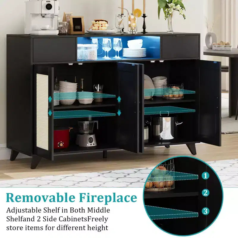 4 ante e 2 cassetti, mobile buffet in rattan con presa di corrente, per cucina, sala da pranzo, colore legno