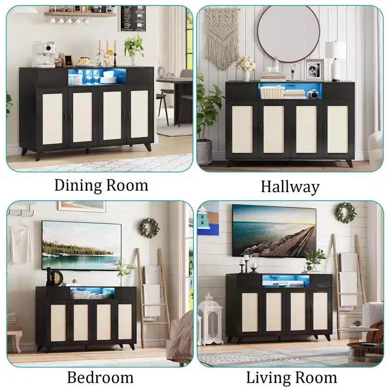 4 ante e 2 cassetti, mobile buffet in rattan con presa di corrente, per cucina, sala da pranzo, colore legno