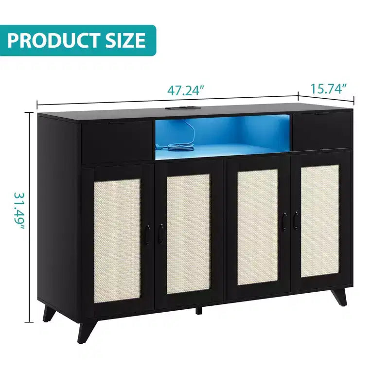 4 ante e 2 cassetti, mobile buffet in rattan con presa di corrente, per cucina, sala da pranzo, colore legno