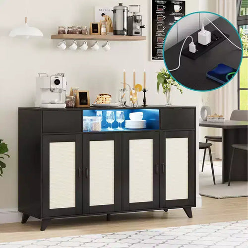 4 Doors and 2 Drawers, Rattan Sideboard Buffet Cabinet Power Outlet,for Kitchen, Dining Room,Wood color