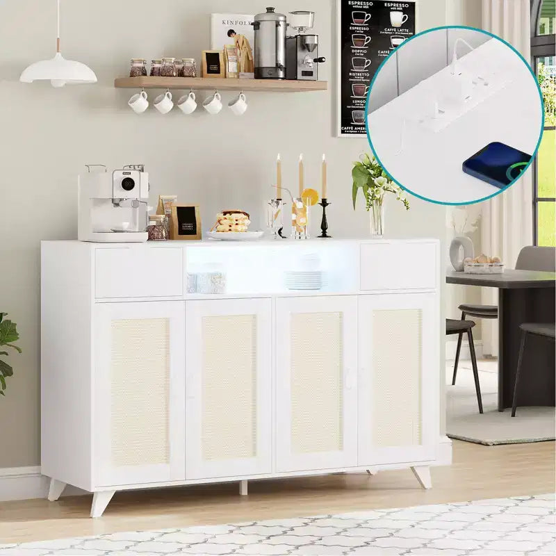 4 ante e 2 cassetti, mobile buffet in rattan con presa di corrente, per cucina, sala da pranzo, colore legno