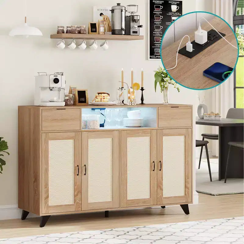 4 ante e 2 cassetti, mobile buffet in rattan con presa di corrente, per cucina, sala da pranzo, colore legno
