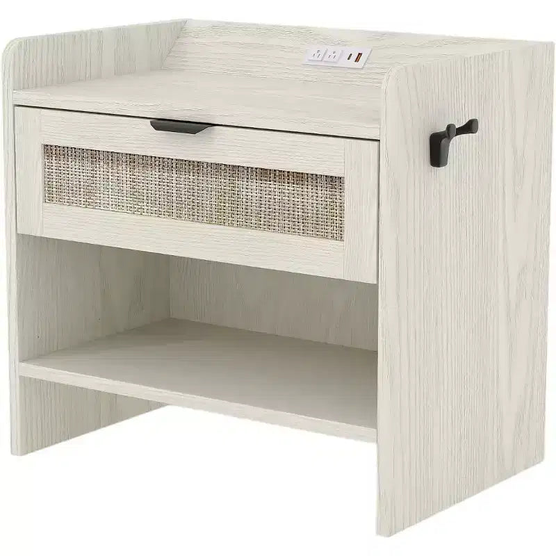 COZONY Rattan Nightstand with Charging Station, Boho Bedside Table with Type-C USB and Power Outlets for Bedroom and Living Room