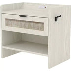 COZONY Rattan Nightstand with Charging Station, Boho Bedside Table with Type-C USB and Power Outlets for Bedroom and Living Room