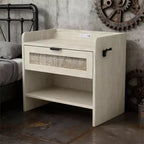 COZONY Comodino in Rattan con Stazione di Ricarica, Tavolino da Notte Boho con USB Tipo-C e Prese di Corrente per Camera da Letto e Soggiorno
