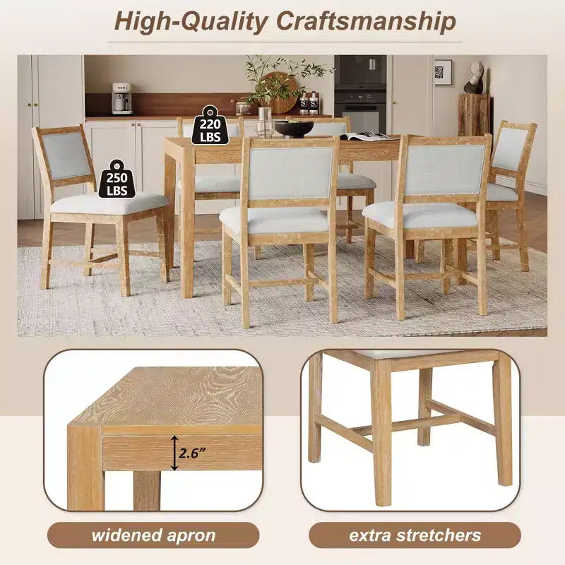 Homy Casa Set da Pranzo 7 Pezzi in Legno con 6 Sedie Imbottite, Finitura Naturale