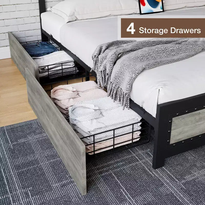 Struttura Letto Matrimoniale con 4 Cassetti Contenitore, Supporto a Doghe Metalliche, Nessuna Molla Necessaria, Design Silenzioso