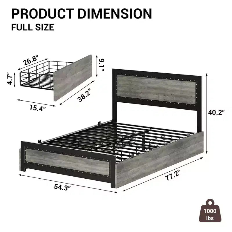 Struttura Letto Matrimoniale con 4 Cassetti Contenitore, Supporto a Doghe Metalliche, Nessuna Molla Necessaria, Design Silenzioso