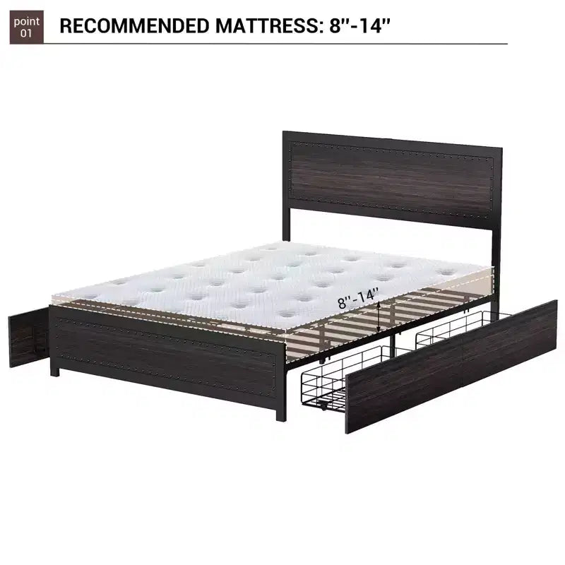Struttura Letto Matrimoniale con 4 Cassetti Contenitore, Supporto a Doghe Metalliche, Nessuna Molla Necessaria, Design Silenzioso