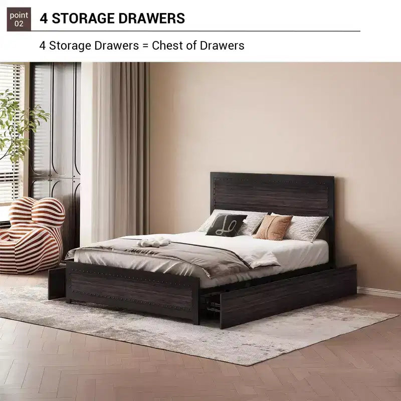 Struttura Letto Matrimoniale con 4 Cassetti Contenitore, Supporto a Doghe Metalliche, Nessuna Molla Necessaria, Design Silenzioso