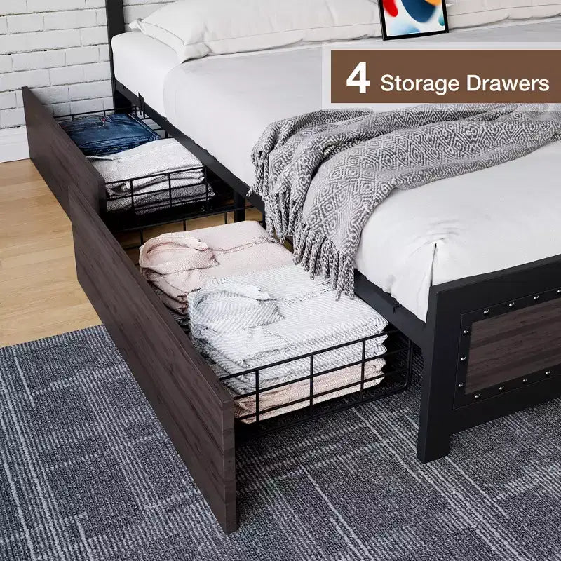 Struttura Letto Matrimoniale con 4 Cassetti Contenitore, Supporto a Doghe Metalliche, Nessuna Molla Necessaria, Design Silenzioso