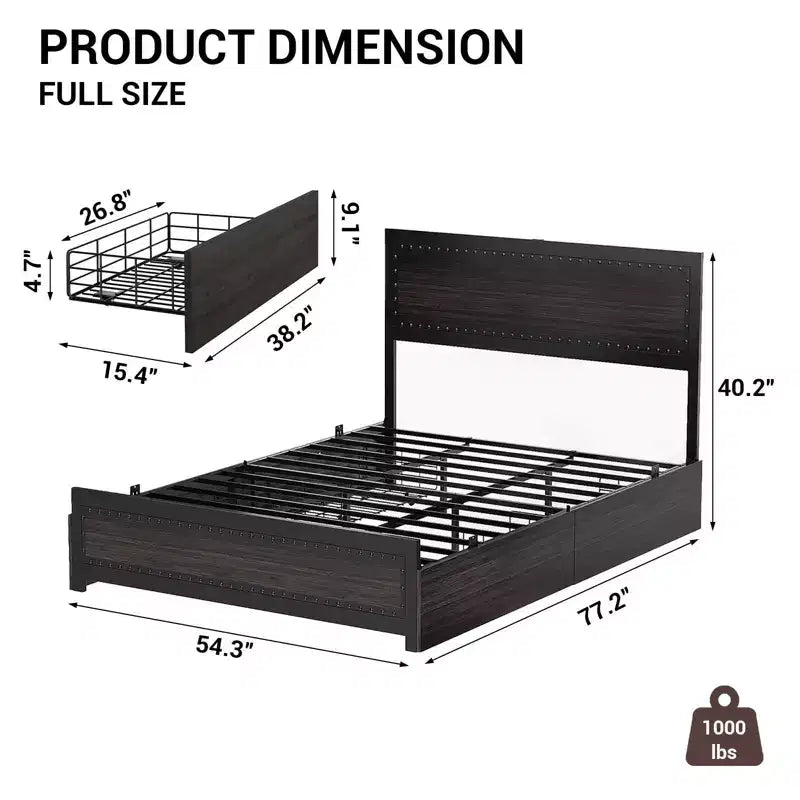 Struttura Letto Matrimoniale con 4 Cassetti Contenitore, Supporto a Doghe Metalliche, Nessuna Molla Necessaria, Design Silenzioso