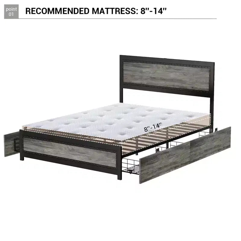 Struttura Letto Matrimoniale con 4 Cassetti Contenitore, Supporto a Doghe Metalliche, Nessuna Molla Necessaria, Design Silenzioso