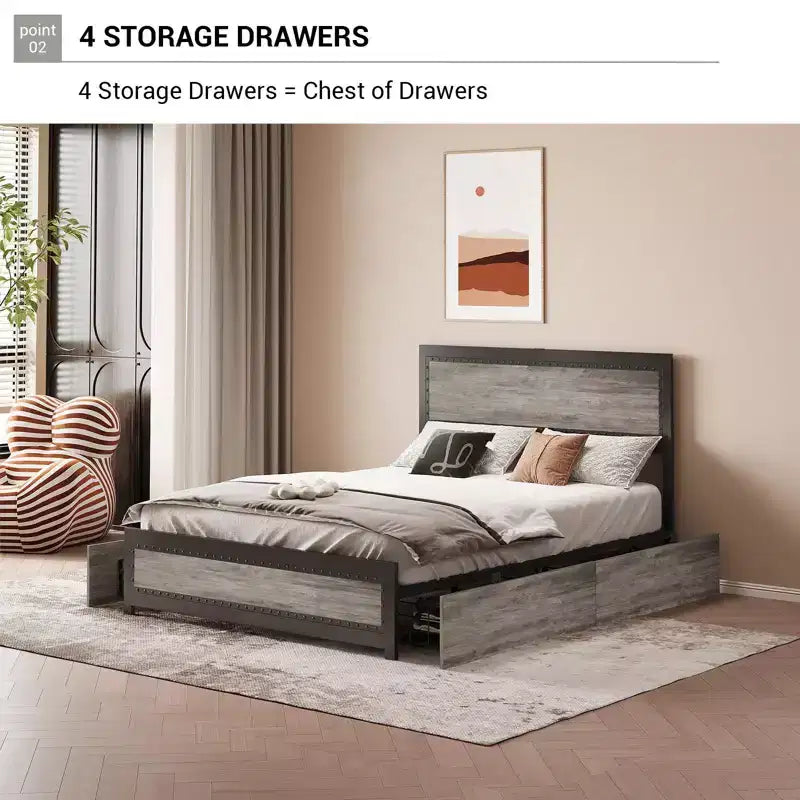 Struttura Letto Matrimoniale con 4 Cassetti Contenitore, Supporto a Doghe Metalliche, Nessuna Molla Necessaria, Design Silenzioso