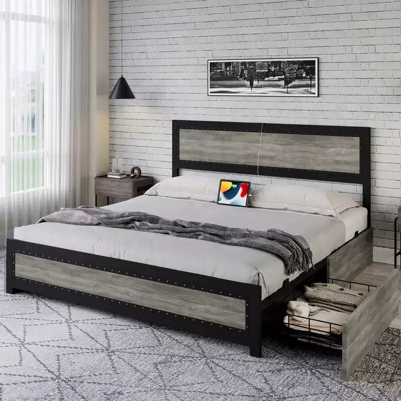 Struttura Letto Matrimoniale con 4 Cassetti Contenitore, Supporto a Doghe Metalliche, Nessuna Molla Necessaria, Design Silenzioso