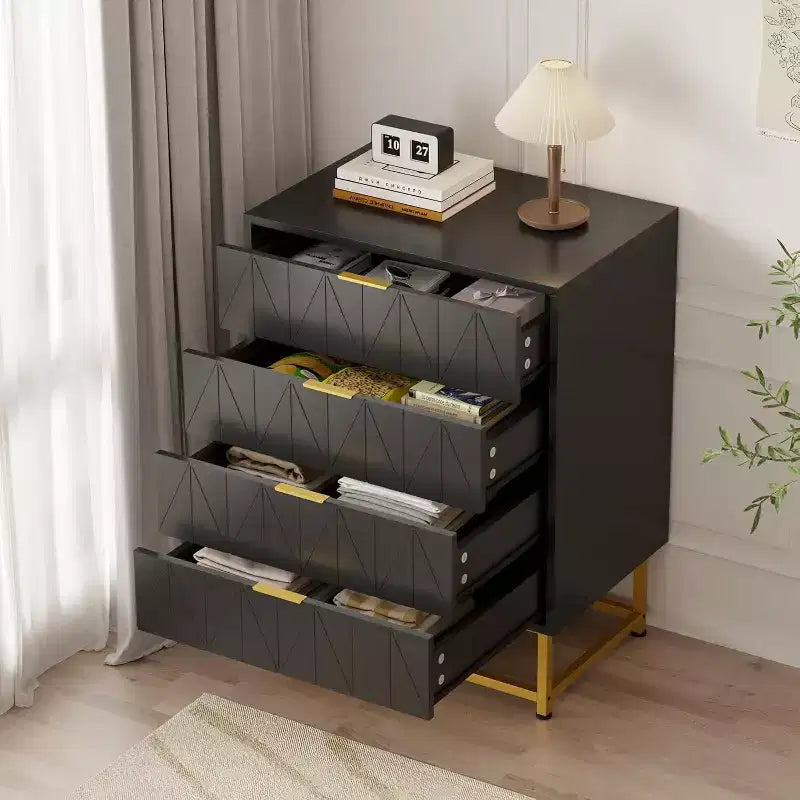 Mobile TV, Comodino, Tavolino, Contenitore organizer con maniglie in metallo, Cassettiera a 4 cassetti, Mobiletto contenitore piccolo per camera da letto, soggiorno