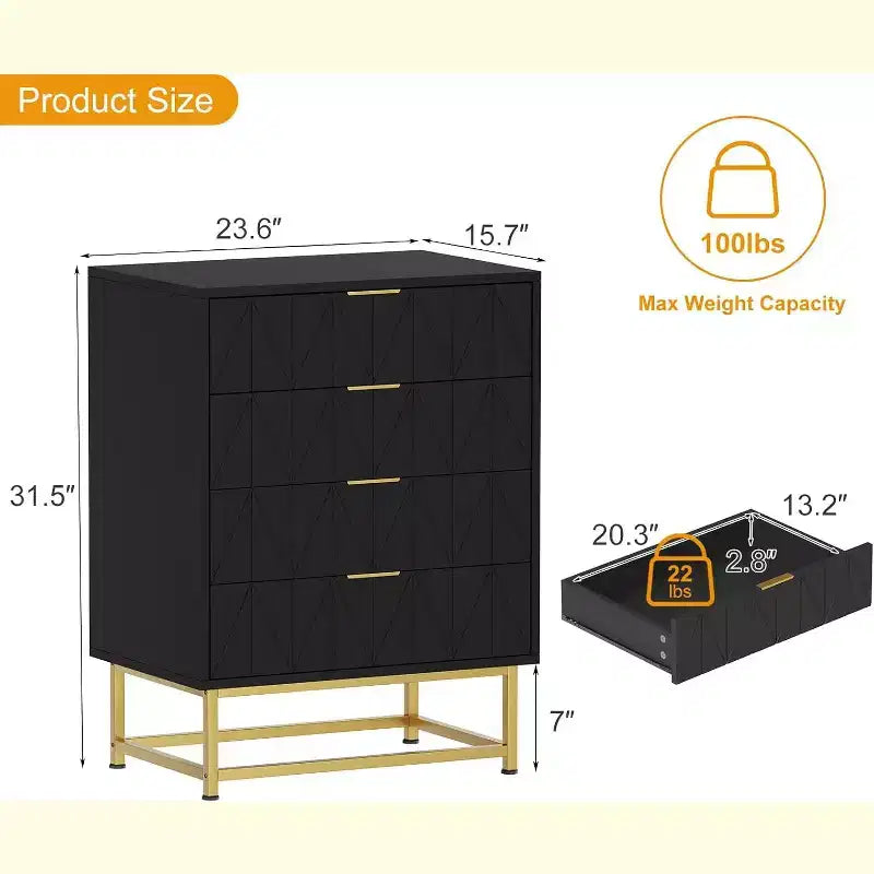 Mobile TV, Comodino, Tavolino, Contenitore organizer con maniglie in metallo, Cassettiera a 4 cassetti, Mobiletto contenitore piccolo per camera da letto, soggiorno