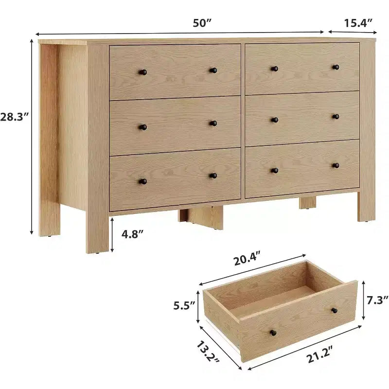 Comodino/Comò Moderno a 6 Cassetti Rovere Naturale per Camera da Letto, Organizer Ampio con Cassetti Contenitori