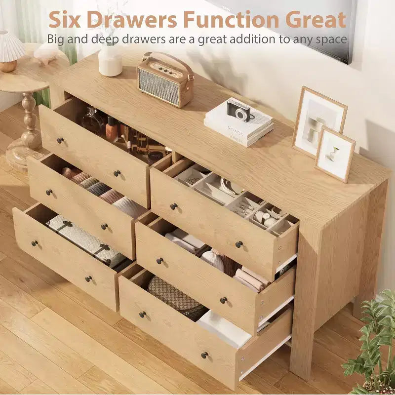Comodino/Comò Moderno a 6 Cassetti Rovere Naturale per Camera da Letto, Organizer Ampio con Cassetti Contenitori