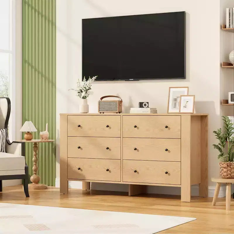 Comodino/Comò Moderno a 6 Cassetti Rovere Naturale per Camera da Letto, Organizer Ampio con Cassetti Contenitori