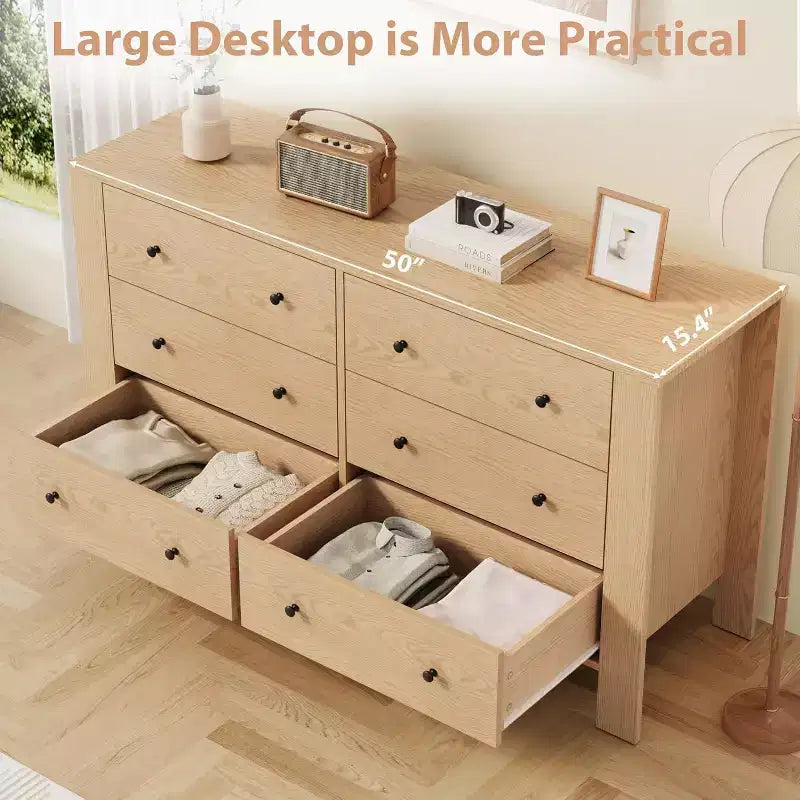 Comodino/Comò Moderno a 6 Cassetti Rovere Naturale per Camera da Letto, Organizer Ampio con Cassetti Contenitori