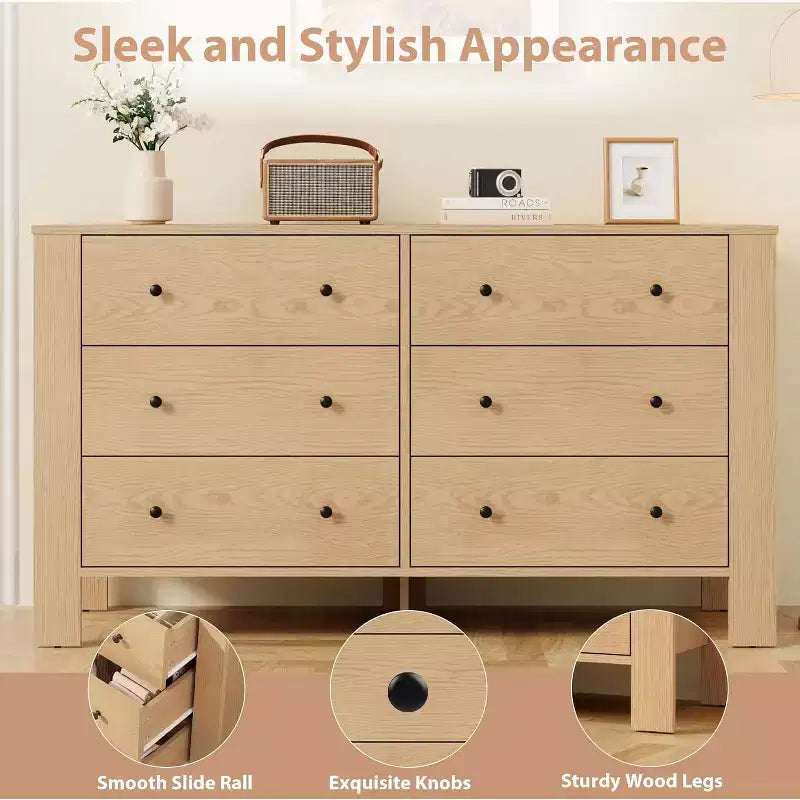 Comodino/Comò Moderno a 6 Cassetti Rovere Naturale per Camera da Letto, Organizer Ampio con Cassetti Contenitori