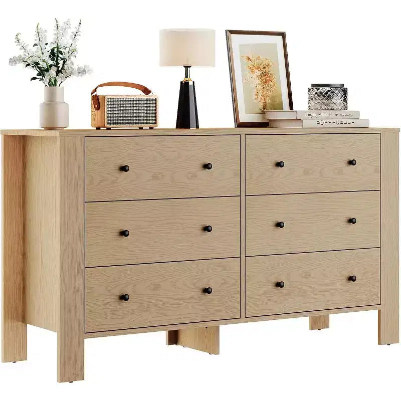 Comodino/Comò Moderno a 6 Cassetti Rovere Naturale per Camera da Letto, Organizer Ampio con Cassetti Contenitori