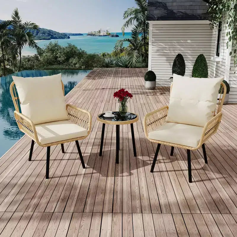 COZONY Wicker Patio Bistro Set, 3 Piece Outdoor All-Weather Rattan Dining Chairs with Glass Top Table and Cushions