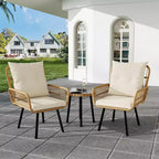 COZONY Set da Bistrò per Patio in Vimini, 3 Pezzi, Sedie da Pranzo da Esterno in Rattan per Tutte le Stagioni con Tavolo con Piano in Vetro e Cuscini