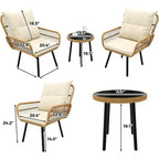 COZONY Set da Bistrò per Patio in Vimini, 3 Pezzi, Sedie da Pranzo da Esterno in Rattan per Tutte le Stagioni con Tavolo con Piano in Vetro e Cuscini