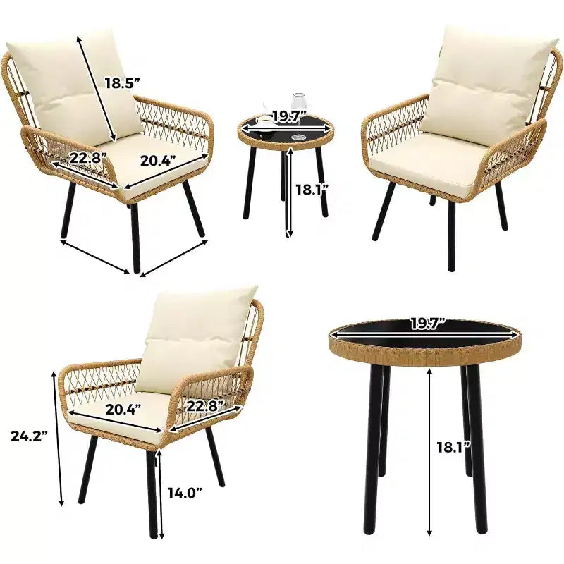 COZONY Set da Bistrò per Patio in Vimini, 3 Pezzi, Sedie da Pranzo da Esterno in Rattan per Tutte le Stagioni con Tavolo con Piano in Vetro e Cuscini