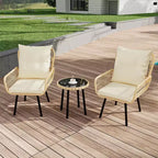 COZONY Set da Bistrò per Patio in Vimini, 3 Pezzi, Sedie da Pranzo da Esterno in Rattan per Tutte le Stagioni con Tavolo con Piano in Vetro e Cuscini