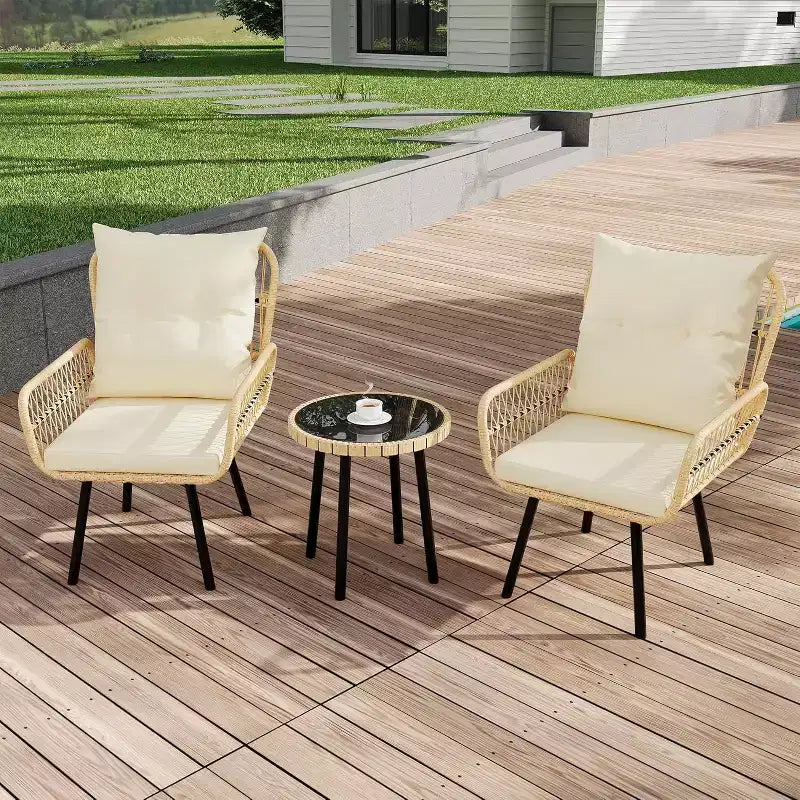 COZONY Set da Bistrò per Patio in Vimini, 3 Pezzi, Sedie da Pranzo da Esterno in Rattan per Tutte le Stagioni con Tavolo con Piano in Vetro e Cuscini