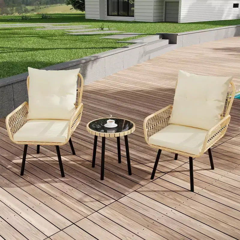COZONY Set da Bistrò per Patio in Vimini, 3 Pezzi, Sedie da Pranzo da Esterno in Rattan per Tutte le Stagioni con Tavolo con Piano in Vetro e Cuscini