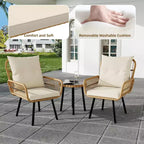 COZONY Set da Bistrò per Patio in Vimini, 3 Pezzi, Sedie da Pranzo da Esterno in Rattan per Tutte le Stagioni con Tavolo con Piano in Vetro e Cuscini