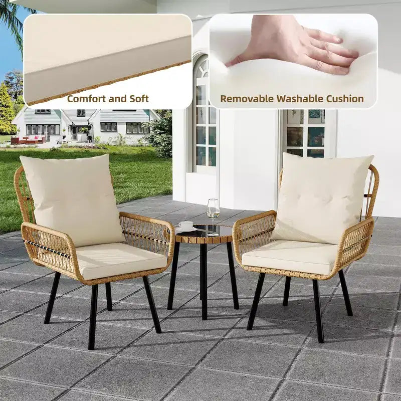 COZONY Set da Bistrò per Patio in Vimini, 3 Pezzi, Sedie da Pranzo da Esterno in Rattan per Tutte le Stagioni con Tavolo con Piano in Vetro e Cuscini