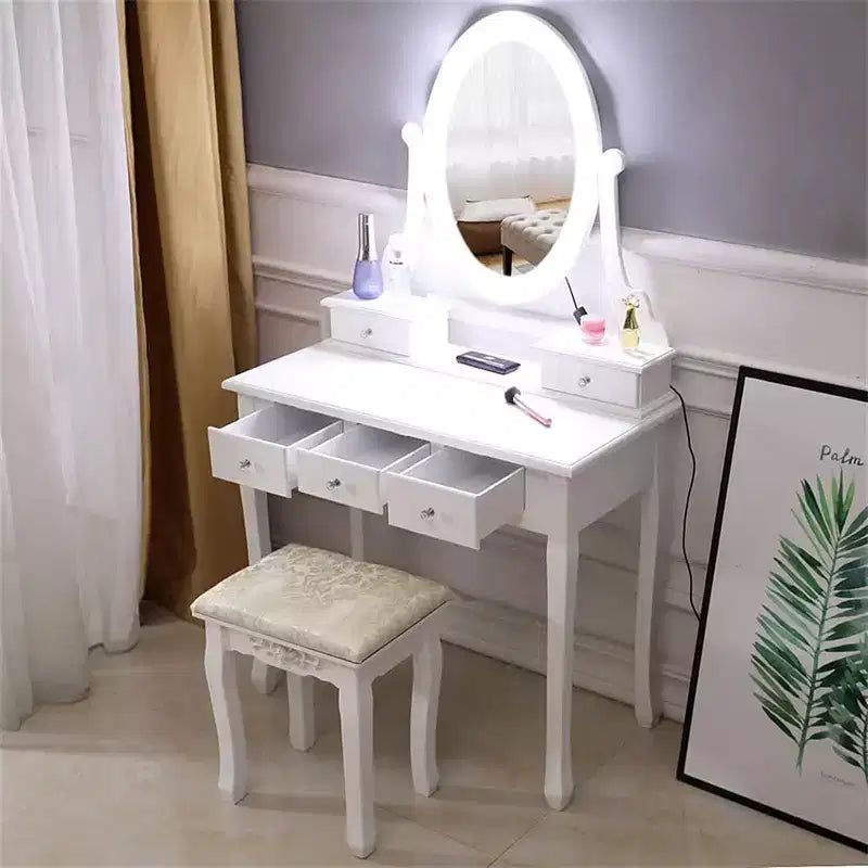 Toeletta, set toeletta per bambine con specchio e sgabello, scrivania da trucco principessa 2 in 1 in legno, set cassettiera toeletta per bambini con cassetto