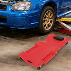 Carrello da officina per auto in plastica, profilo ribassato, poggiatesta imbottito, doppio vassoio porta attrezzi e 6 rotelle