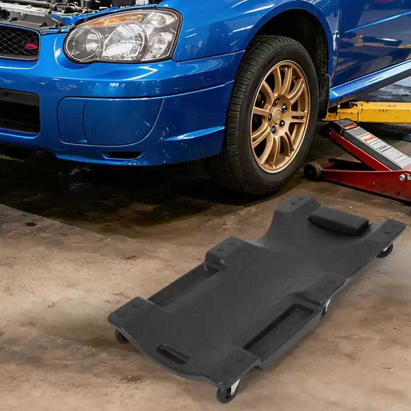 Carrello da officina per auto in plastica, profilo ribassato, poggiatesta imbottito, doppio vassoio porta attrezzi e 6 rotelle