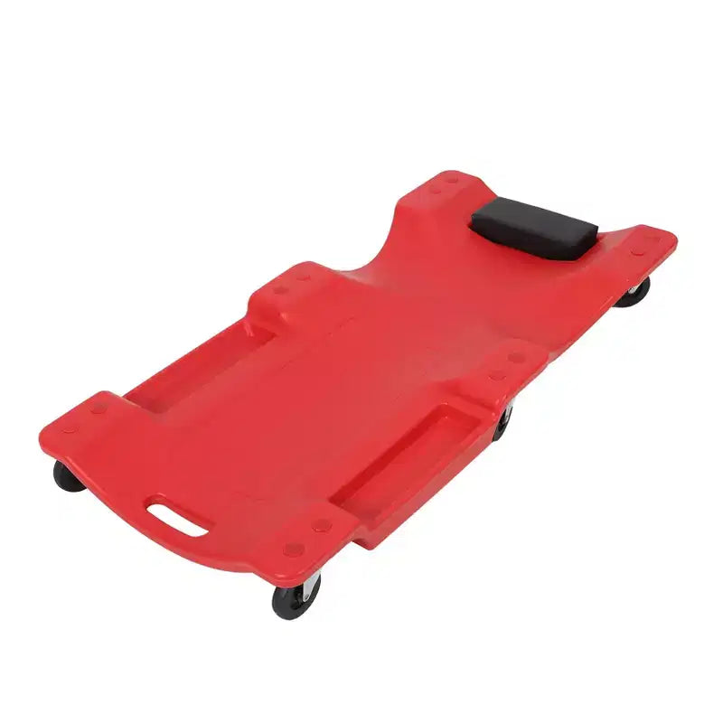 Carrello da officina per auto in plastica, profilo ribassato, poggiatesta imbottito, doppio vassoio porta attrezzi e 6 rotelle