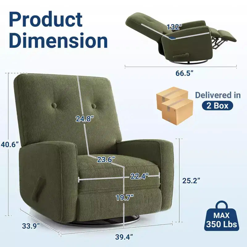 Poltrona reclinabile girevole a 360° con dondolo manuale, poltrona scorrevole imbottita con tasche laterali, per soggiorno, camera da letto, ufficio
